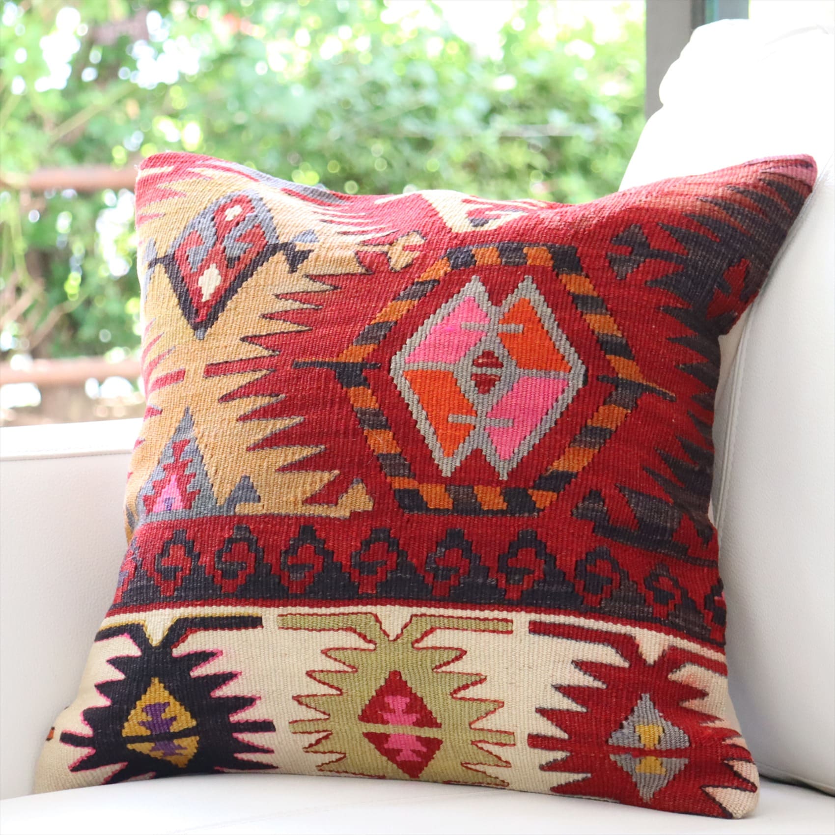 オールドキリム クッションカバー 40×40cm トルコ 手織り ヴィンテージ Kilim Cushionアダナ レイハンル レッド